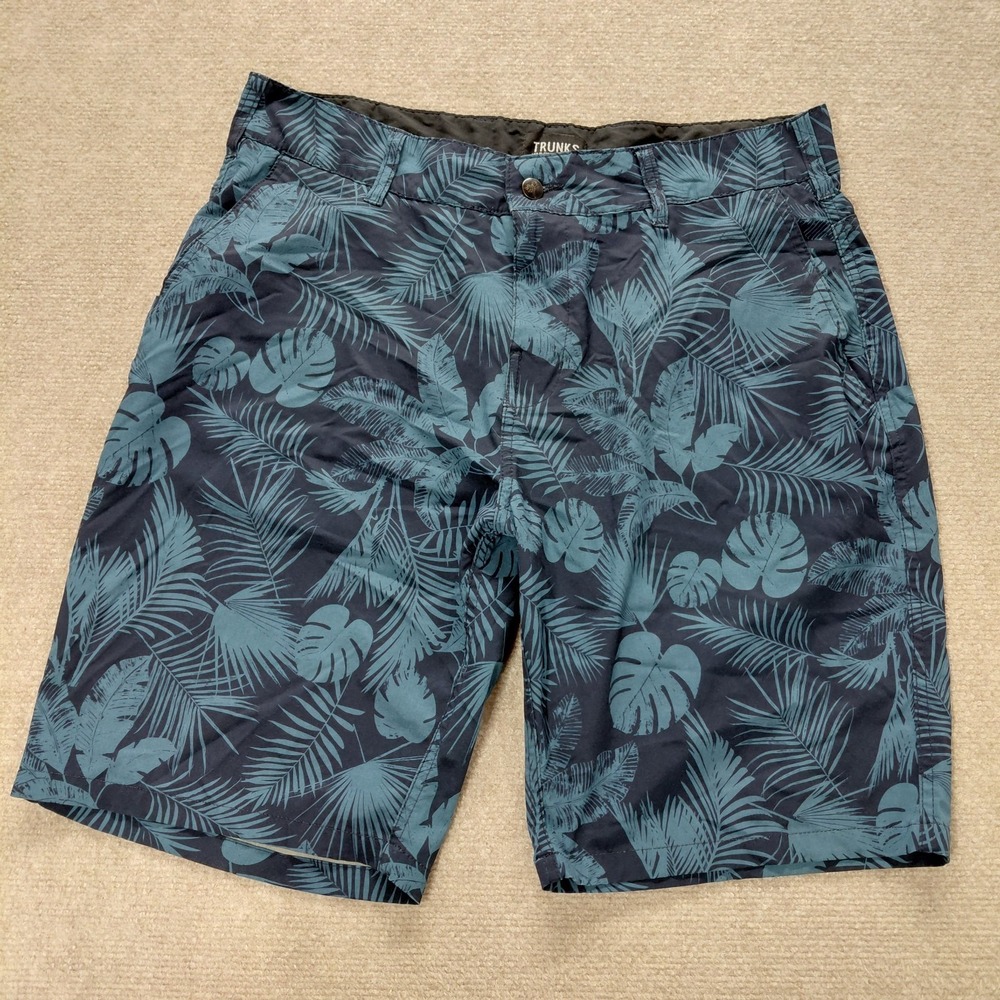 TRUNKS Navy Blue Hawaiian Tropical Shorts Men 34 Stretch Pocket Casual 9" Inseam